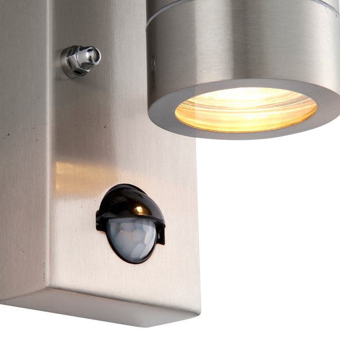 Saxby 101352 Palin PIR 2lt wall marine grade IP65 7W Brushed stainless steel & clear glass 2 x 7W LED GU10 (Required) - westbasedirect.com