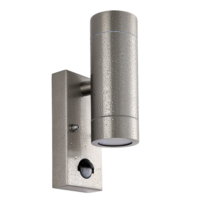 Saxby 101352 Palin PIR 2lt wall marine grade IP65 7W Brushed stainless steel & clear glass 2 x 7W LED GU10 (Required) - westbasedirect.com