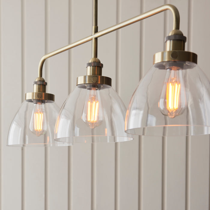 Endon 103014 Hansen 3lt Linear Pendant Antique brass plate & clear glass 3 x 10W LED E27 (Required) - westbasedirect.com