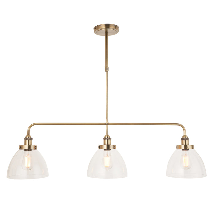 Endon 103014 Hansen 3lt Linear Pendant Antique brass plate & clear glass 3 x 10W LED E27 (Required) - westbasedirect.com