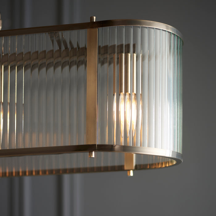 Endon 110945 Ridgeton 4lt Linear Pendant Antique brass plate & clear ribbed glass 4 x 6W LED E14 (Required) - westbasedirect.com
