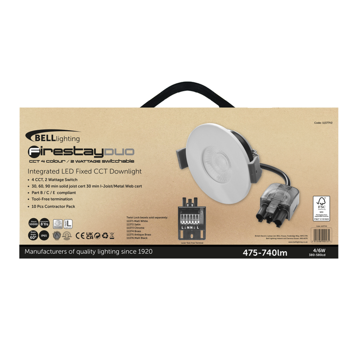 BELL 11377V2 4/6W Firestay Duo LED CCT Wattage Switchable Fixed Downlight - (11370V2) Contractor Pack (x10) - Includes White Bezel - westbasedirect.com