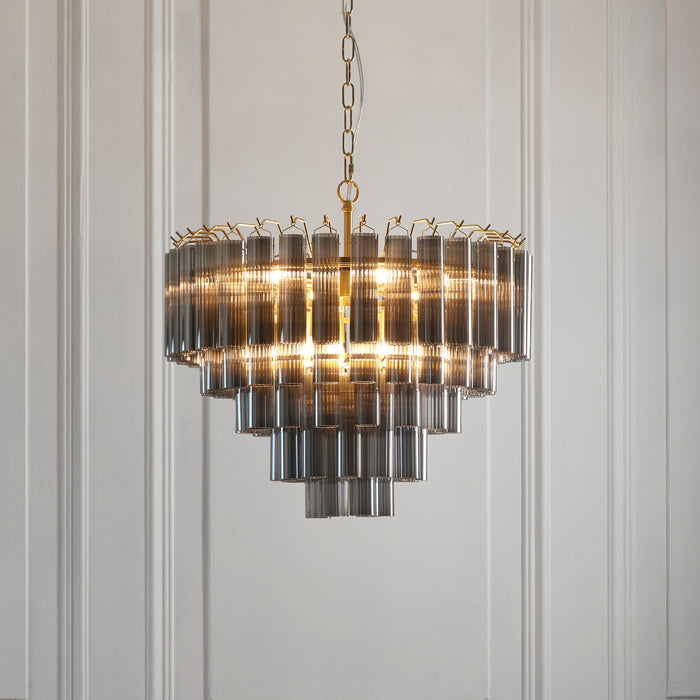 Endon 114197 Toulouse 12lt Pendant Satin brass plate & smokey grey lustre glass 12 x 3W LED G9 (Required) - westbasedirect.com