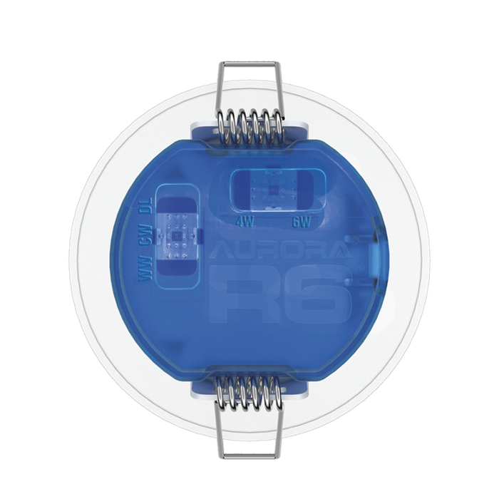 Aurora AU-R6CWSFF 220-240V 6/8W 680lm IP65 Fixed Dimmable 3 Colour & 2 Wattage Switchable Led Integrated Fire & Acoustic Rated Downlight White Bezel Fast Fix - westbasedirect.com