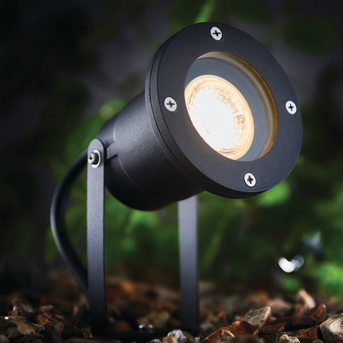 Saxby POLGU10 Opaz MV spike IP65 7W Textured matt black paint & clear glass 7W LED GU10 (Required) - westbasedirect.com