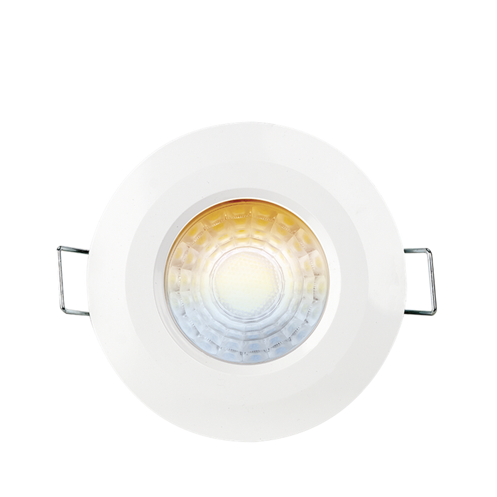 Aurora AU-R6CWSFF 220-240V 6/8W 680lm IP65 Fixed Dimmable 3 Colour & 2 Wattage Switchable Led Integrated Fire & Acoustic Rated Downlight White Bezel Fast Fix - westbasedirect.com
