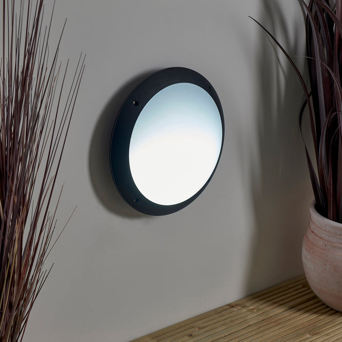 Saxby 55689 Seran plain IP65 12W Matt black textured & opal pc 12W LED module (SMD 5630) Daylight White - westbasedirect.com