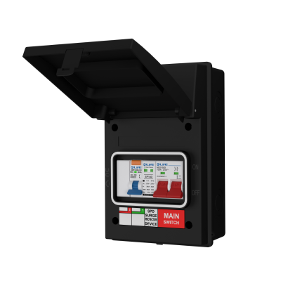 LIVE Electrical AGU5-SR/B 5 Way IP65 Black Metal Garage/EV Charging Unit with 100 Main Switch, 40A Type A SP RCBO B Curve & 20/40kA DP Type 2 SPD - westbasedirect.com