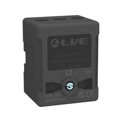 LIVE Electrical TB5P100-BLACK 5 Way 100A Rated Terminal Block Black, Terminal Capacity up to 35mm2 - westbasedirect.com