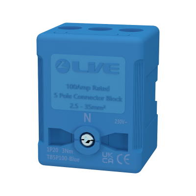 LIVE Electrical TB5P100-BLUE 5 Way 100A Rated Terminal Block Blue, Terminal Capacity up to 35mm2 - westbasedirect.com