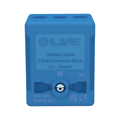 LIVE Electrical TB5P100-BLUE 5 Way 100A Rated Terminal Block Blue, Terminal Capacity up to 35mm2 - westbasedirect.com