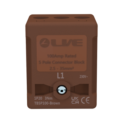 LIVE Electrical TB5P100-BROWN 5 Way 100A Rated Terminal Block Brown, Terminal Capacity up to 35mm2 - westbasedirect.com