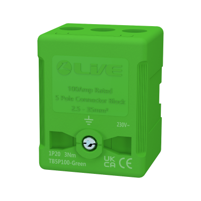 LIVE Electrical TB5P100-GREEN 5 Way 100A Rated Terminal Block Green, Terminal Capacity up to 35mm2 - westbasedirect.com
