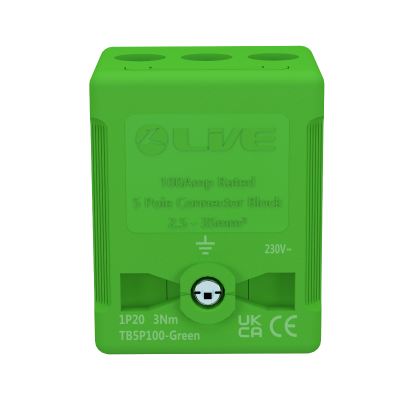 LIVE Electrical TB5P100-GREEN 5 Way 100A Rated Terminal Block Green, Terminal Capacity up to 35mm2 - westbasedirect.com
