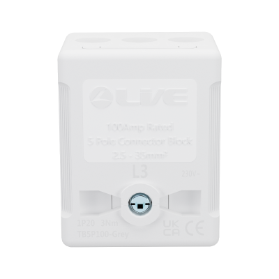 LIVE Electrical TB5P100-GREY 5 Way 100A Rated Terminal Block Grey, Terminal Capacity up to 35mm2 - westbasedirect.com