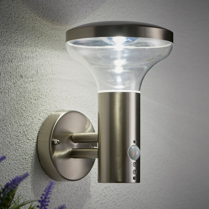 Saxby 67702 Roko PIR 1lt wall IP44 4.6W Marine grade brushed stainless steel & clear pc 4.6W LED GU10 Cool White (Required) - westbasedirect.com