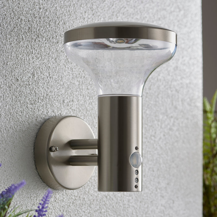 Saxby 67702 Roko PIR 1lt wall IP44 4.6W Marine grade brushed stainless steel & clear pc 4.6W LED GU10 Cool White (Required) - westbasedirect.com