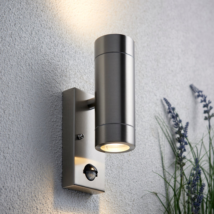 Saxby 75430 Palin PIR 2lt wall IP44 7W Brushed stainless steel & clear glass 2 x 7W LED GU10 (Required) - westbasedirect.com