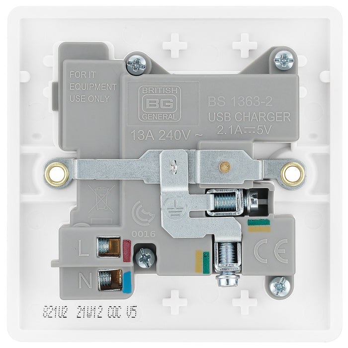 BG 821U2 White Round Edge 13A SP Single Socket + 2x USB - westbasedirect.com