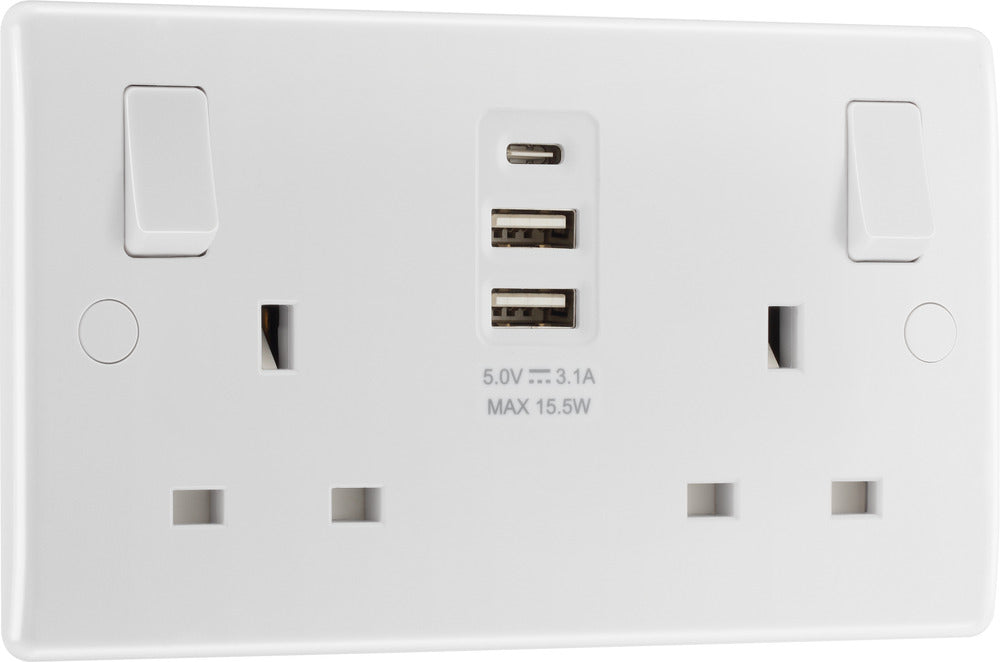 BG 822UAAC15 White Round Edge 13A Double Socket + 2xUSB A +1xUSB C(15W) - westbasedirect.com