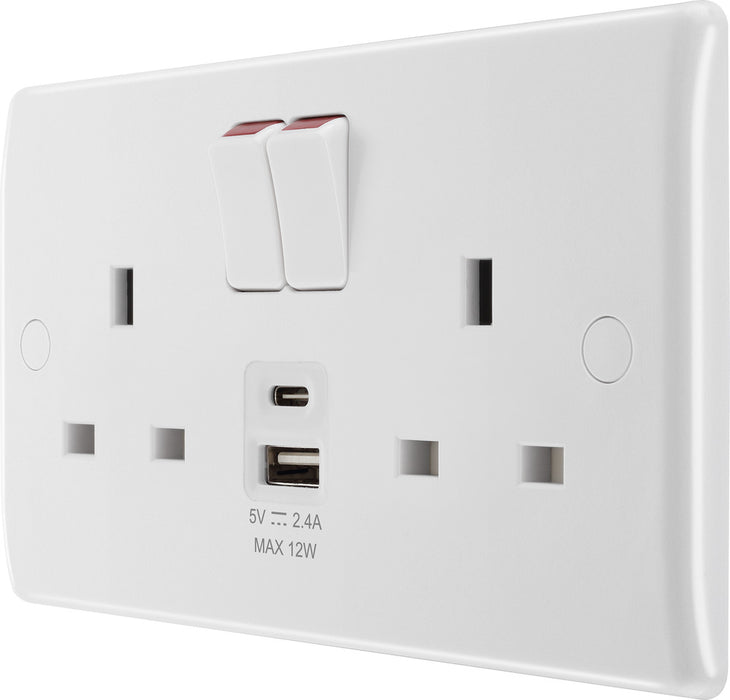 BG 822UAC12 White Round Edge 13A Double Switched Power Socket + USB A+C (12W) - westbasedirect.com