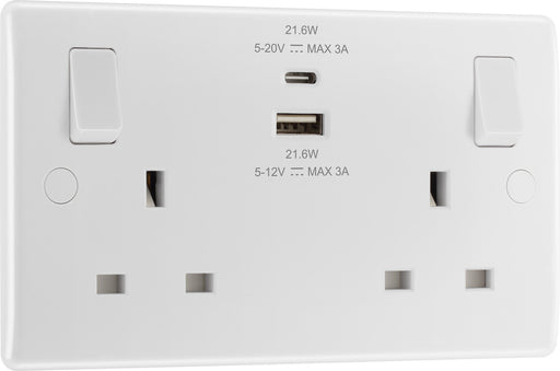 BG 822UAC22 White Round Edge 13A Double Switched Power Socket + USB A+C (22W) - westbasedirect.com
