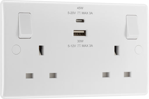 BG 822UAC45 White Round Edge 13A Double Switched Power Socket + USB A+C (45W) - westbasedirect.com
