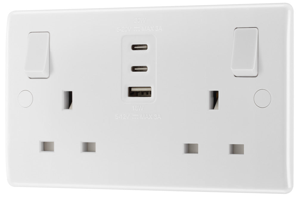 BG 822UACC30 White Round Edge 13A Double Socket + 2xUSB C +1xUSB A(30W) - westbasedirect.com