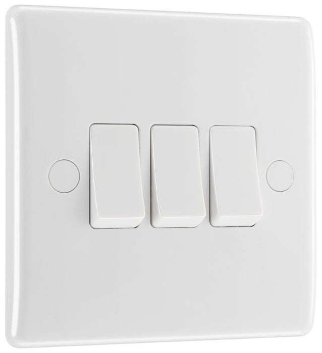 BG 843 White Round Edge Triple Light Switch 10A - westbasedirect.com