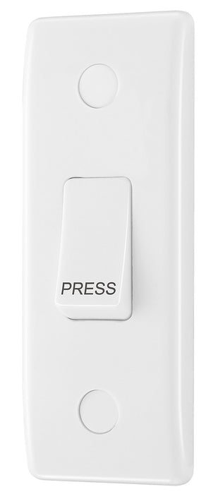 BG 849 White Round Edge 10A Single Architrave Switch marked PRESS 1 Way - westbasedirect.com