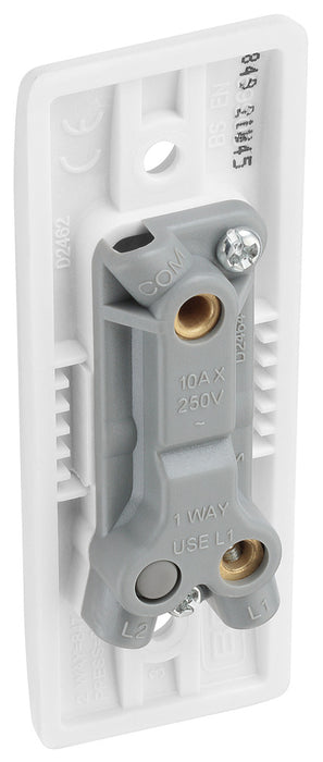 BG 849 White Round Edge 10A Single Architrave Switch marked PRESS 1 Way - westbasedirect.com