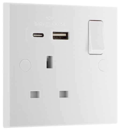 BG 921UAC18 White Square Edge 13A Single Switched Power Socket + USB A+C (18W) - westbasedirect.com