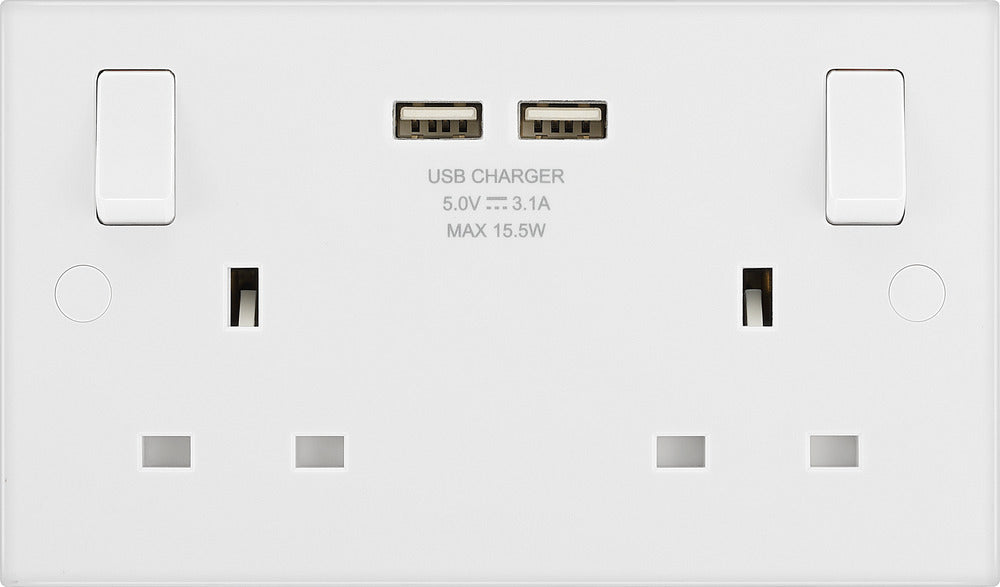 BG 922U3 White Square Edge 13A Double Socket + 2x USB - westbasedirect.com