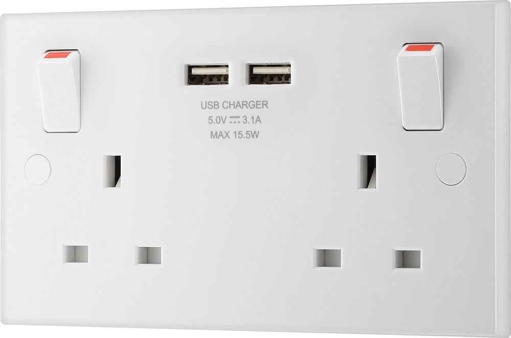 BG 922U3 White Square Edge 13A Double Socket + 2x USB - westbasedirect.com