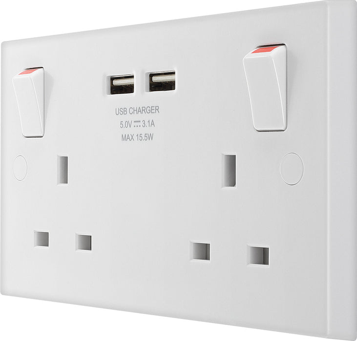 BG 922U3 White Square Edge 13A Double Socket + 2x USB - westbasedirect.com
