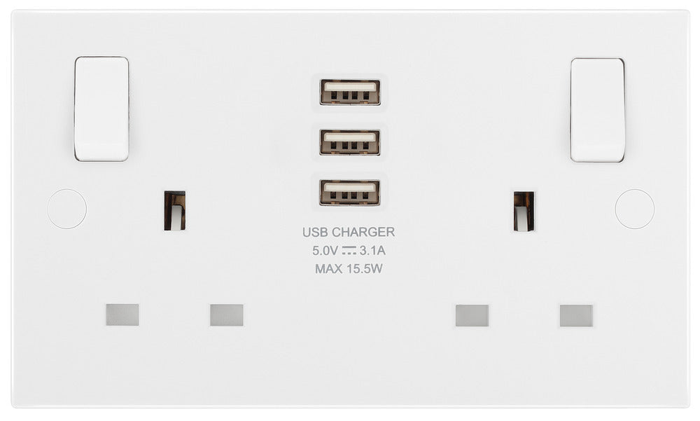 BG 922U33 White Square Edge 13A Double Socket + 3x USB - westbasedirect.com