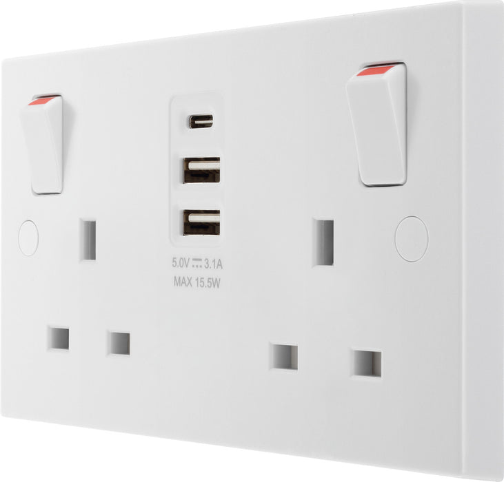 BG 922UAAC15 White Square Edge 13A Double Socket + 2xUSB A +1xUSB C(15W) - westbasedirect.com