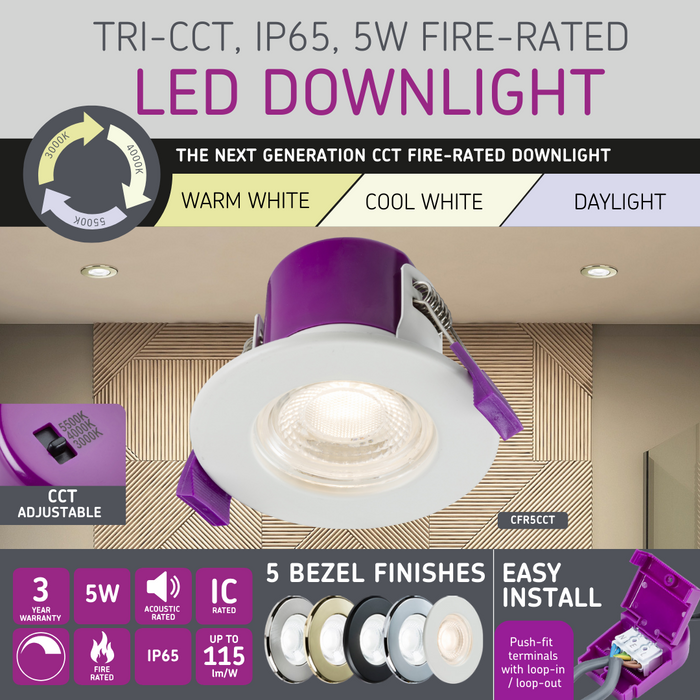 Knightsbridge CFR5CCT 230V IP65 5W Fire-Rated CCT LED Downlight 3000K/4000K/5500K - westbasedirect.com