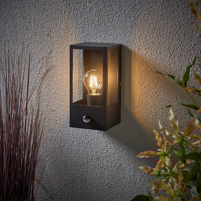 Saxby 94348 Breton PIR wall Black IP44 28W Matt black paint & clear glass 28W E27 Eco GLS (Required) - westbasedirect.com