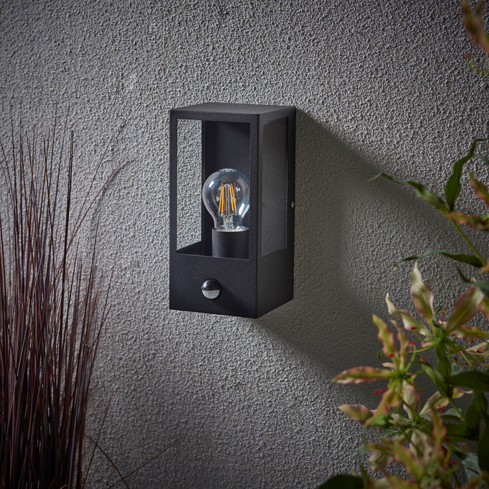 Saxby 94348 Breton PIR wall Black IP44 28W Matt black paint & clear glass 28W E27 Eco GLS (Required) - westbasedirect.com