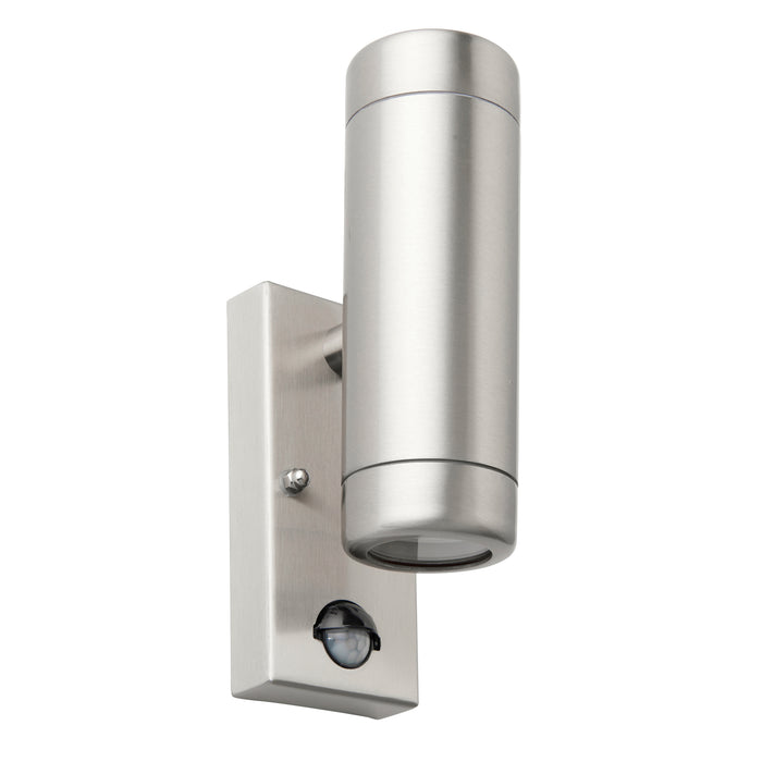 Saxby 97821 Odyssey PIR 2lt wall IP44 7W Brushed stainless steel & clear glass 2 x 7W LED GU10 (Required) - westbasedirect.com