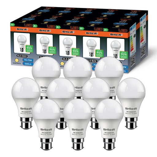 Brite-R 7W B22 BC GLS LED Bulb Warm White 3000K (10 Pack) - westbasedirect.com