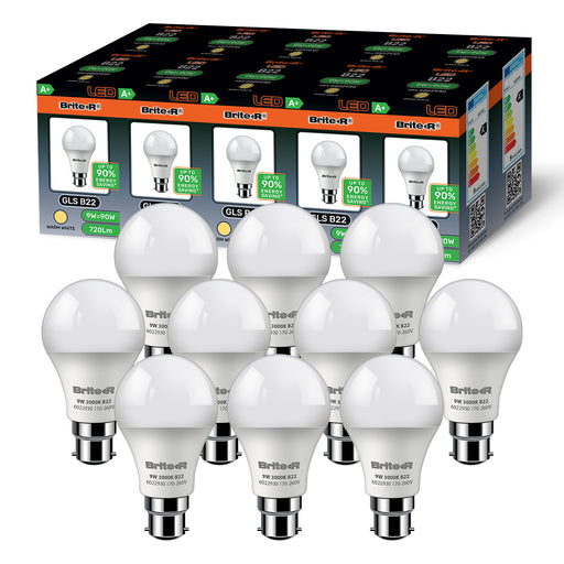 Brite-R 9W B22 BC GLS LED Bulb Warm White 3000K (10 Pack) - westbasedirect.com