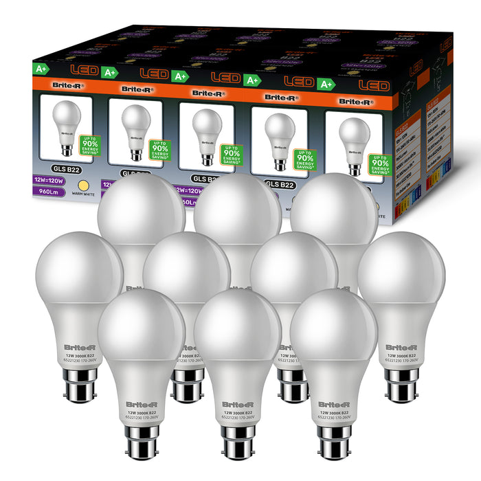 Brite-R 12W B22 BC GLS LED Bulb Warm White 3000K (10 Pack) - westbasedirect.com