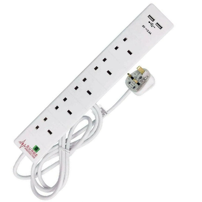 Brite-R B0502ESG2U 5 Gang 2 Metre 13A Mains Power Surge Protection Extension Lead with 2x USB Port 2.1A, Matt White - westbasedirect.com
