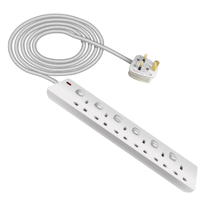Brite-R B0602ESW 6 Gang 2 Metre 13A SWITCHED Extension Lead with Neon, Matt White - westbasedirect.com