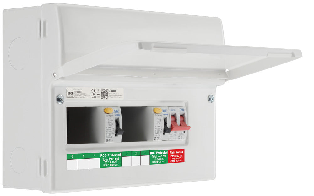 BG Fortress CF12D886 12 Module 6 Way Unpopulated Dual RCD Consumer Unit with 100A Main Switch & 2x 80A Type A 30mA RCD - westbasedirect.com