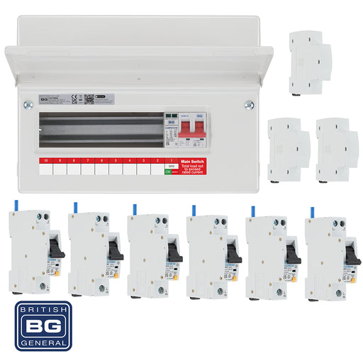 BG Fortress CF12MS9 12 Module 9 Way 100A Main Switch Consumer Unit with T2 SPD + 6 RCBOs & 3x CUA19 FREE Blanks - westbasedirect.com