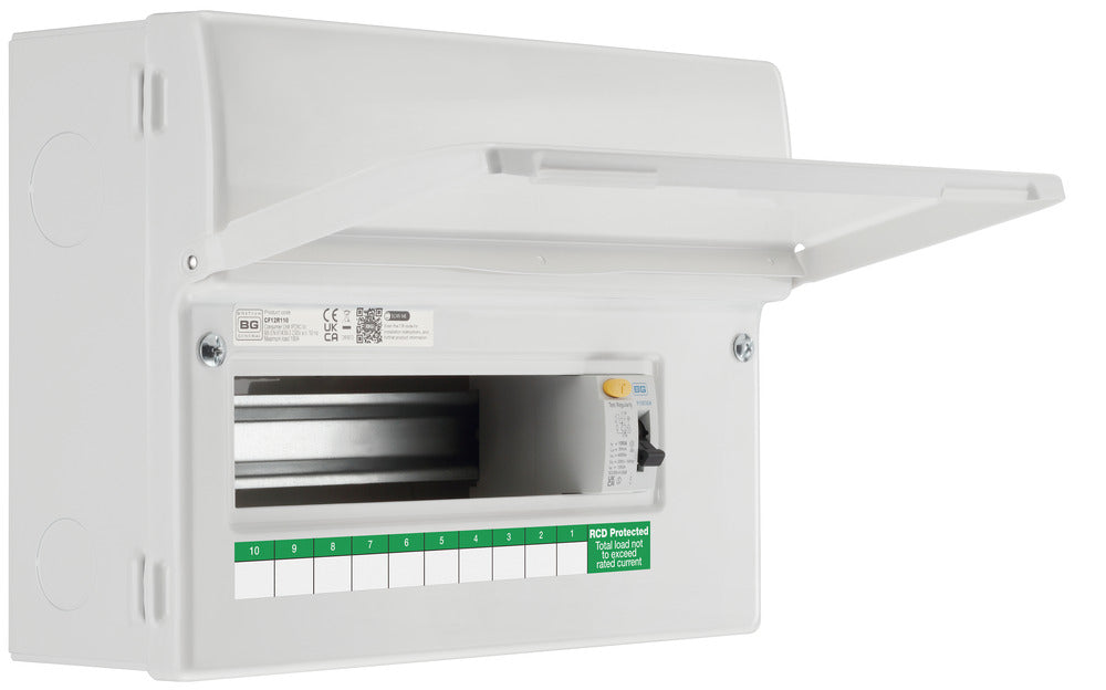 BG Fortress CF12R110 12 Module 10 Way Unpopulated RCD Incomer Consumer Unit with 1x 100A Type A 30mA RCD - westbasedirect.com