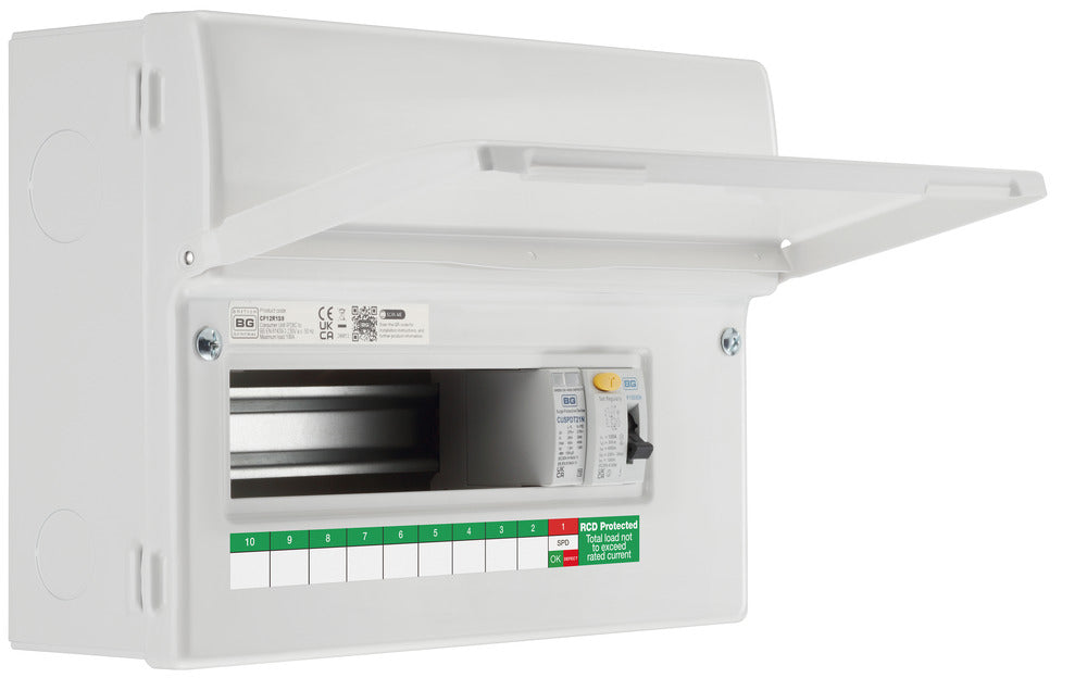 BG Fortress CF12R1S9 12 Module 9 Way Unpopulated RCD Incomer Consumer Unit with 1x 100A Type A 30mA RCD & 1x SPD - westbasedirect.com